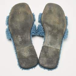 Hermes Blue Shearling Fur Oran Flat Slides Size 37