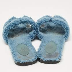 Hermes Blue Shearling Fur Oran Flat Slides Size 37