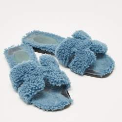 Hermes Blue Shearling Fur Oran Flat Slides Size 37