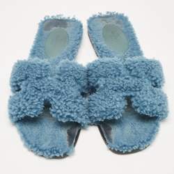 Hermes Blue Shearling Fur Oran Flat Slides Size 37