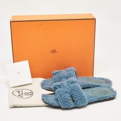 Hermes Blue Shearling Fur Oran Flat Slides Size 37