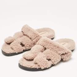 Hermes Beige Fur Chypre Flat Sandals Size 38.5