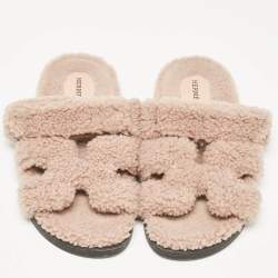 Hermes Beige Fur Chypre Flat Sandals Size 38.5