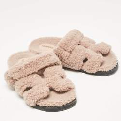 Hermes Beige Fur Chypre Flat Sandals Size 38.5