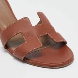 Pre Owned Hermes Brown Leather Oasis Slide Sandals Size 38