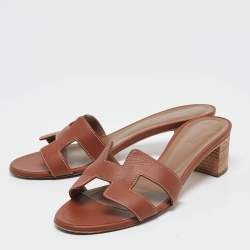Pre Owned Hermes Brown Leather Oasis Slide Sandals Size 38