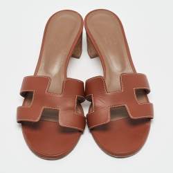 Pre Owned Hermes Brown Leather Oasis Slide Sandals Size 38