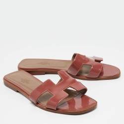 Hermes Pink Patent Leather Oran Flat Slides Size 37
