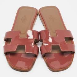 Hermes Pink Patent Leather Oran Flat Slides Size 37
