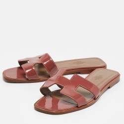 Hermes Pink Patent Leather Oran Flat Slides Size 37