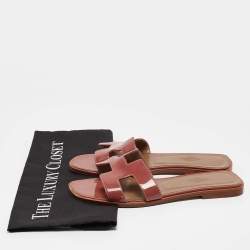 Hermes Pink Patent Leather Oran Flat Slides Size 37