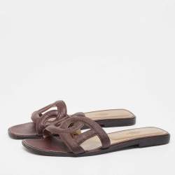 Hermes Burgundy Leather Omaha Flat Slides Size 39