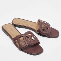Hermes Burgundy Leather Omaha Flat Slides Size 39