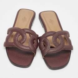 Hermes Burgundy Leather Omaha Flat Slides Size 39