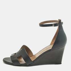 Pre Owned Hermes Black Leather Legend Wedge Sandals Size 42
