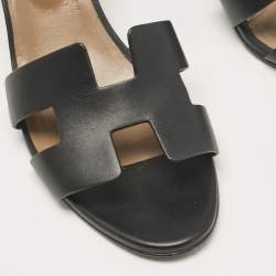 Pre Owned Hermes Black Leather Legend Wedge Sandals Size 42