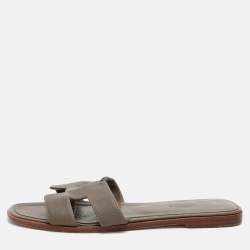 Hermes Grey Leather Oran Flat Slides Size 41