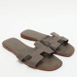 Hermes Grey Leather Oran Flat Slides Size 41