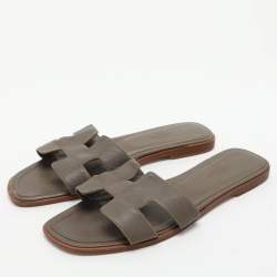 Hermes Grey Leather Oran Flat Slides Size 41