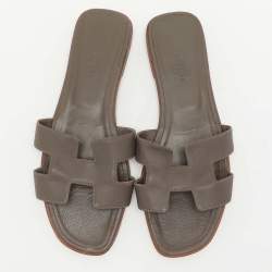 Hermes Grey Leather Oran Flat Slides Size 41