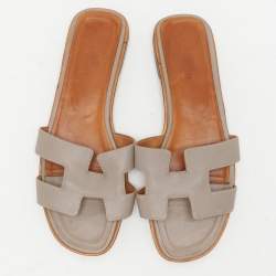 Hermes Grey Leather Oran Flat Slides Size 40