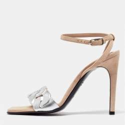 Pre Owned Hermes Silver Leather and Suede Gala 105 Slingback Sandals Size 38