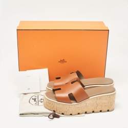 Pre Owned Hermes Brown Leather Eze Platform Sandals Size 37