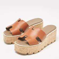 Pre Owned Hermes Brown Leather Eze Platform Sandals Size 37