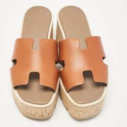Pre Owned Hermes Brown Leather Eze Platform Sandals Size 37
