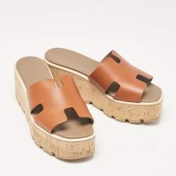 Pre Owned Hermes Brown Leather Eze Platform Sandals Size 37