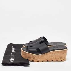 Pre Owned Hermes Black Leather Platform Sandals 38