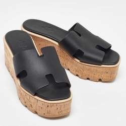 Pre Owned Hermes Black Leather Platform Sandals 38