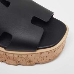 Pre Owned Hermes Black Leather Platform Sandals 38