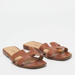 Hermes Brown Leather Oran Flat Slides Size 37.5