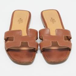 Hermes Brown Leather Oran Flat Slides Size 37.5