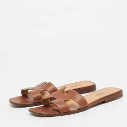 Hermes Brown Leather Oran Flat Slides Size 37.5