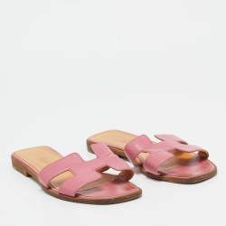 Hermes Pink Leather Oran Flat Slides Size 37