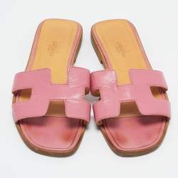 Hermes Pink Leather Oran Flat Slides Size 37