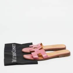 Hermes Pink Leather Oran Flat Slides Size 37