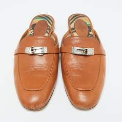 Pre Owned Hermes Brown Leather Oz Flat Mules Size 37.5