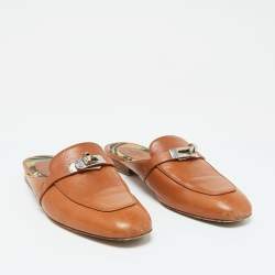Pre Owned Hermes Brown Leather Oz Flat Mules Size 37.5