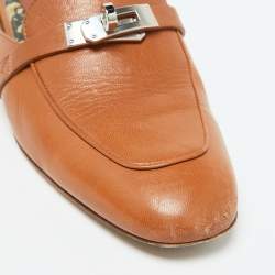 Pre Owned Hermes Brown Leather Oz Flat Mules Size 37.5