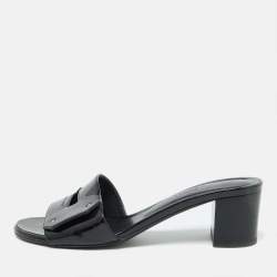 Pre Owned Hermes Black Patent Leather View Slide Sandals Size 37.5