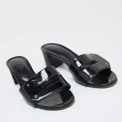 Pre Owned Hermes Black Patent Leather View Slide Sandals Size 37.5