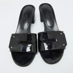 Pre Owned Hermes Black Patent Leather View Slide Sandals Size 37.5