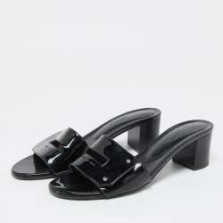 Pre Owned Hermes Black Patent Leather View Slide Sandals Size 37.5