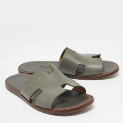 Hermes Grey Leather Izmir Flat Sandals Size 40