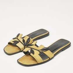 Hermes Yellow Leather and Suede Oran Flat Slides Size 35.5