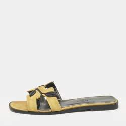 Hermes Yellow Leather and Suede Oran Flat Slides Size 35.5