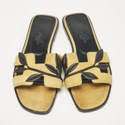 Hermes Yellow Leather and Suede Oran Flat Slides Size 35.5